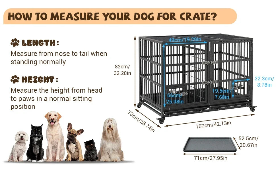 Heavy Duty Metal Dog Crate 42 Inch with Double Door Lock Wheels Removable Tray Divider Panel Large Dog Cage for Indoor Small Medium Dogs