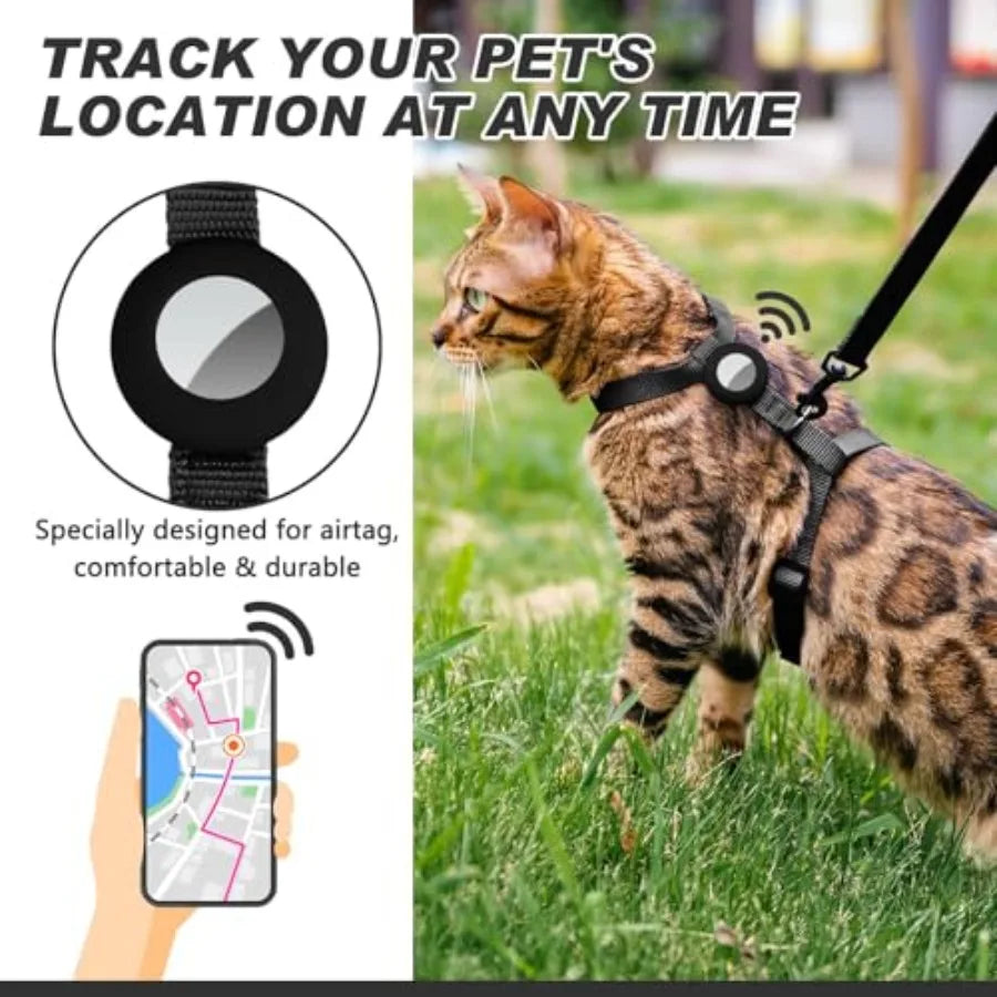 Cat Harness and Leash Set with Airtag Holder for Walking and Travelling, Escape Proof Cat Harness for Small Medium Large Kitten