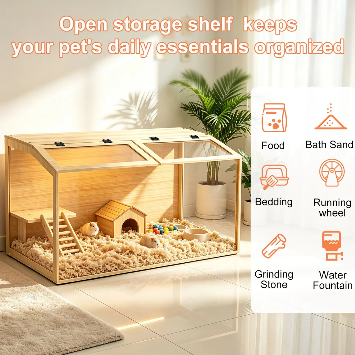 Wooden Hamster Cage Animal Cabinet for Guinea Pigs Hamster Habitat Openable Top Tabletop Habitat Enclosure Tempered Glass Panels