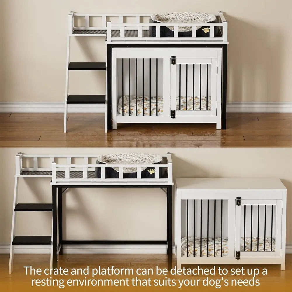 Pet Bunk Bed,Dog Window Perch with Stairs and Storage, Dogs/Cats Crate Furniture, with Multi-purpose Blanket and Indoor Dog Bed