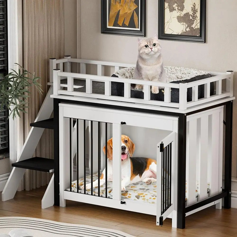 Pet Bunk Bed,Dog Window Perch with Stairs and Storage, Dogs/Cats Crate Furniture, with Multi-purpose Blanket and Indoor Dog Bed