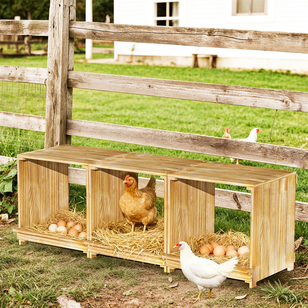 3-Compartment Pine Wood Chicken Nesting Box for Egg Laying Preventing Egg Falls Poultry Farming Accessory