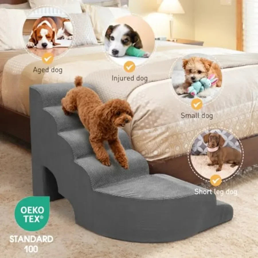 Dog Stairs for High Beds, L-Shaped 6-Step Pet Stairs 27-30 in,Non-Slip Rubber-Coated Wood, Gray, Sturdy 30D Foam Cushioned Ramp