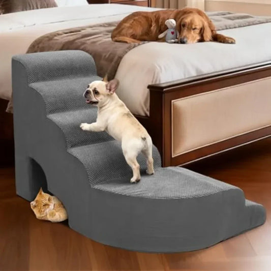 Dog Stairs for High Beds, L-Shaped 6-Step Pet Stairs 27-30 in,Non-Slip Rubber-Coated Wood, Gray, Sturdy 30D Foam Cushioned Ramp