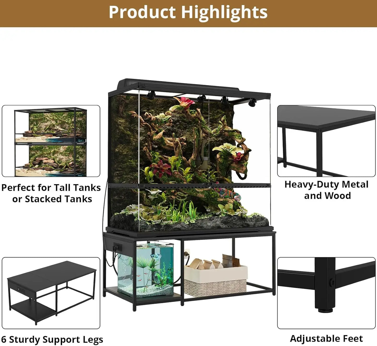 120 Gallon Reptile Tank Stand 48x24 Terrarium Stand For Stacked 4x2x2 PVC Tanks Chameleon Ball Python Lizard Tall Enclosures Wit