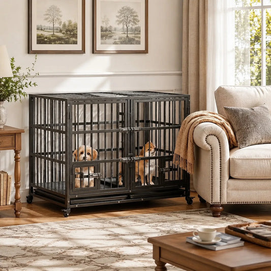 Heavy Duty Metal Dog Crate 42 Inch with Double Door Lock Wheels Removable Tray Divider Panel Large Dog Cage for Indoor Small Medium Dogs