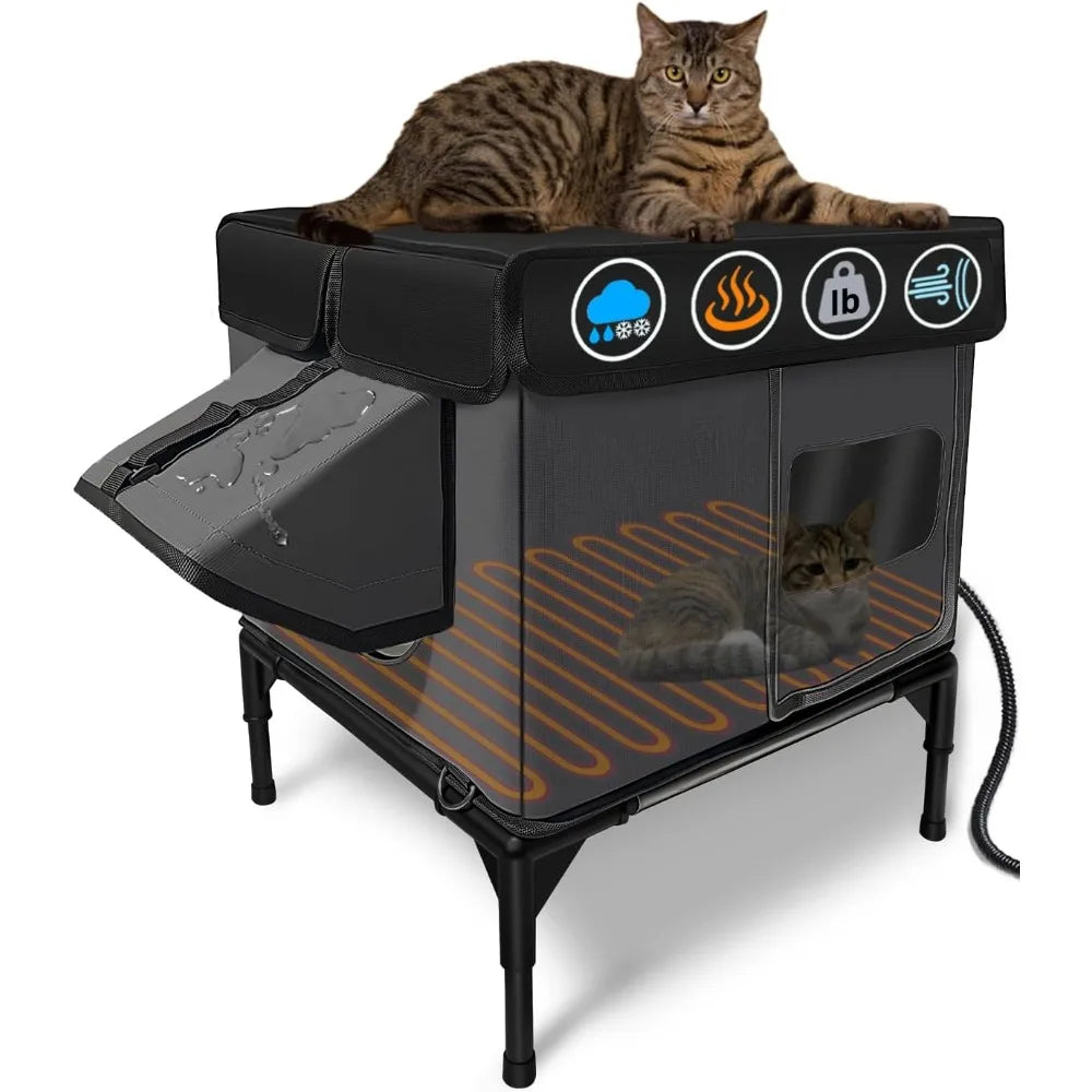 heated cat house for outside insulated in winter,fully waterproof,with adjustable awning,escape door,indoor outdoor cat shelter