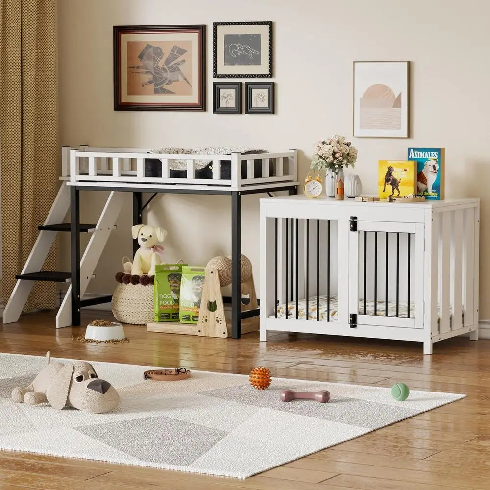Pet Bunk Bed,Dog Window Perch with Stairs and Storage, Dogs/Cats Crate Furniture, with Multi-purpose Blanket and Indoor Dog Bed