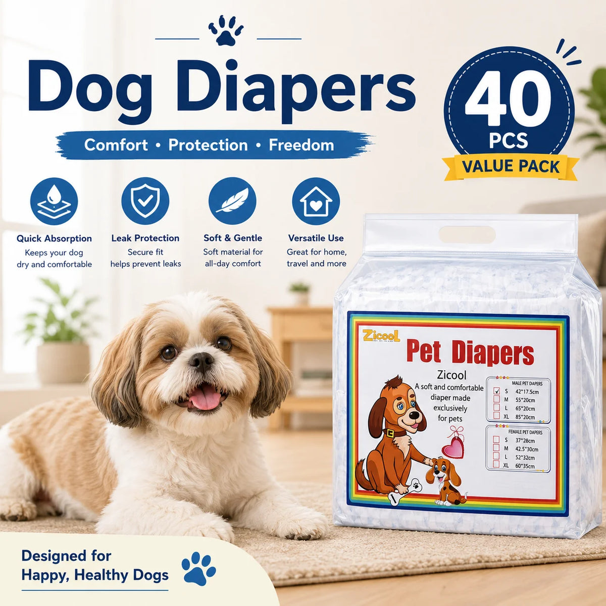 40-piece special offer pack of pet diapers, dry and breathable, comfortable and soft, physiological pants for female dogs, disposable diapers for male dogs