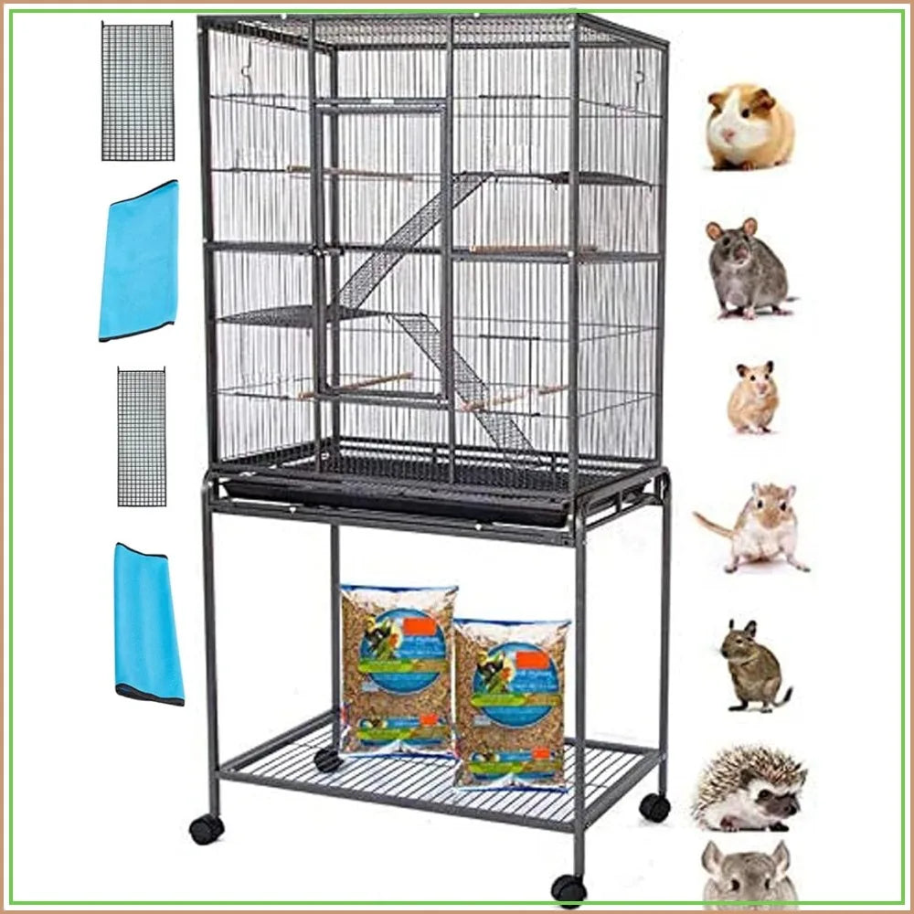 54" Large 4-Level Chew-Proof Small Animal Cage with Rolling Stand, 1/2" Wire Spacing for Ferret, Squirrel, Chinchilla, Rat