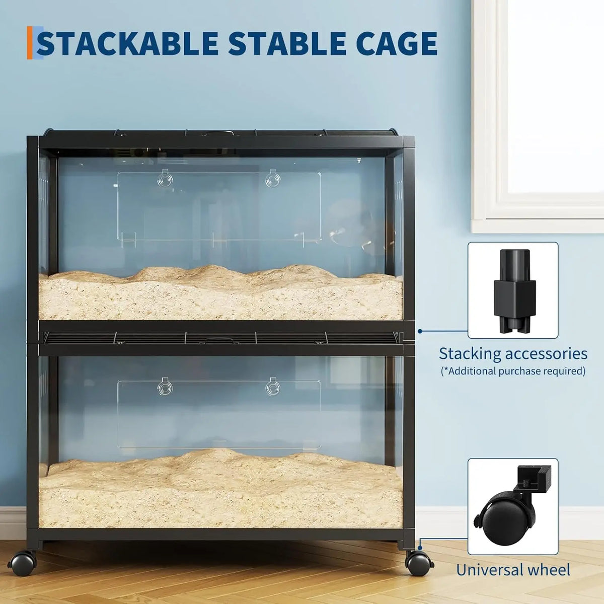 Large Hamster Cage, 3-Tier Gerbil Cages with Running Wheel, Water Bottle, Food Bowl, Ramps, Portable Hamster House with 7" Deep Glass Bottom for Syrian, Hamster, Gerbils (Metal Black)