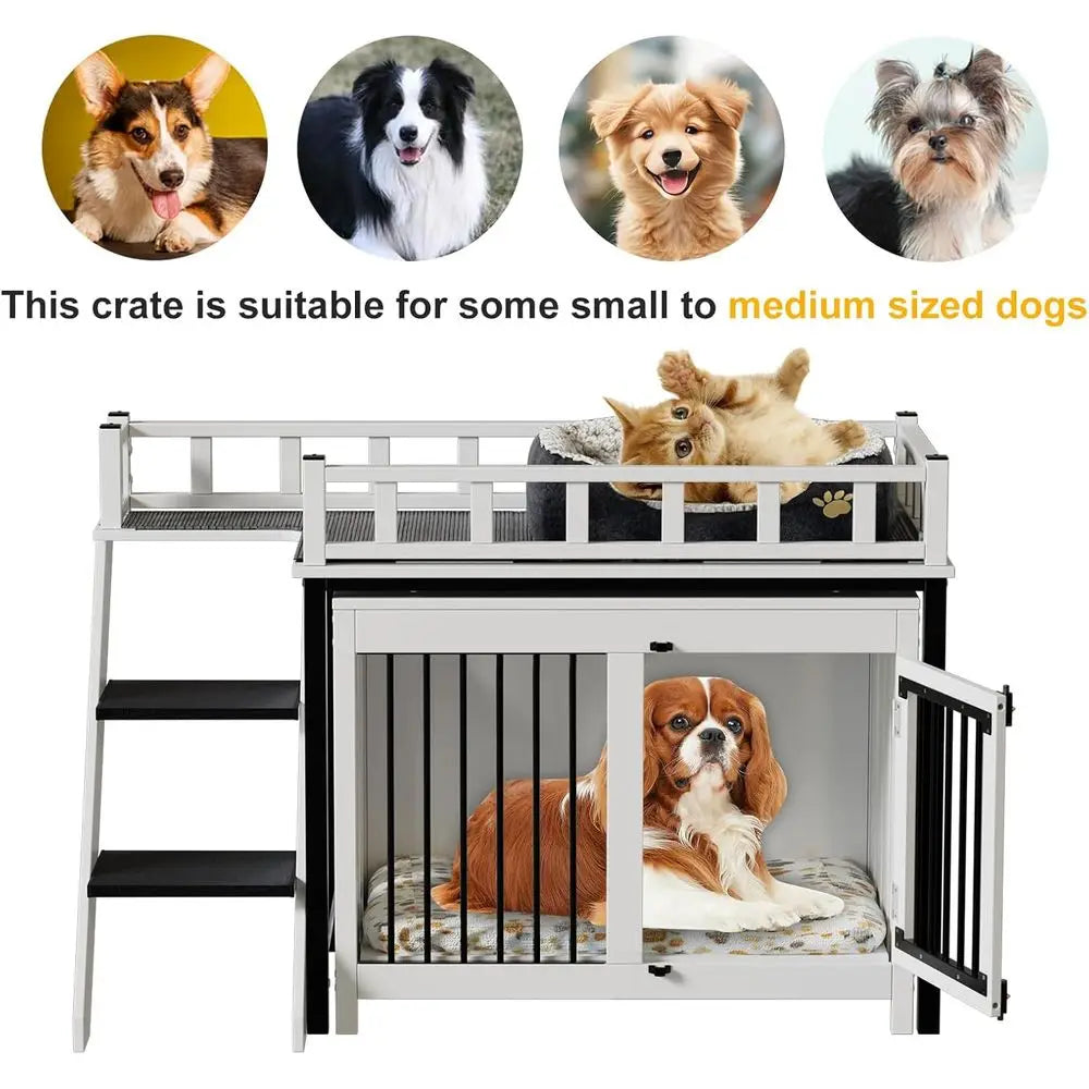 Pet Bunk Bed,Dog Window Perch with Stairs and Storage, Dogs/Cats Crate Furniture, with Multi-purpose Blanket and Indoor Dog Bed