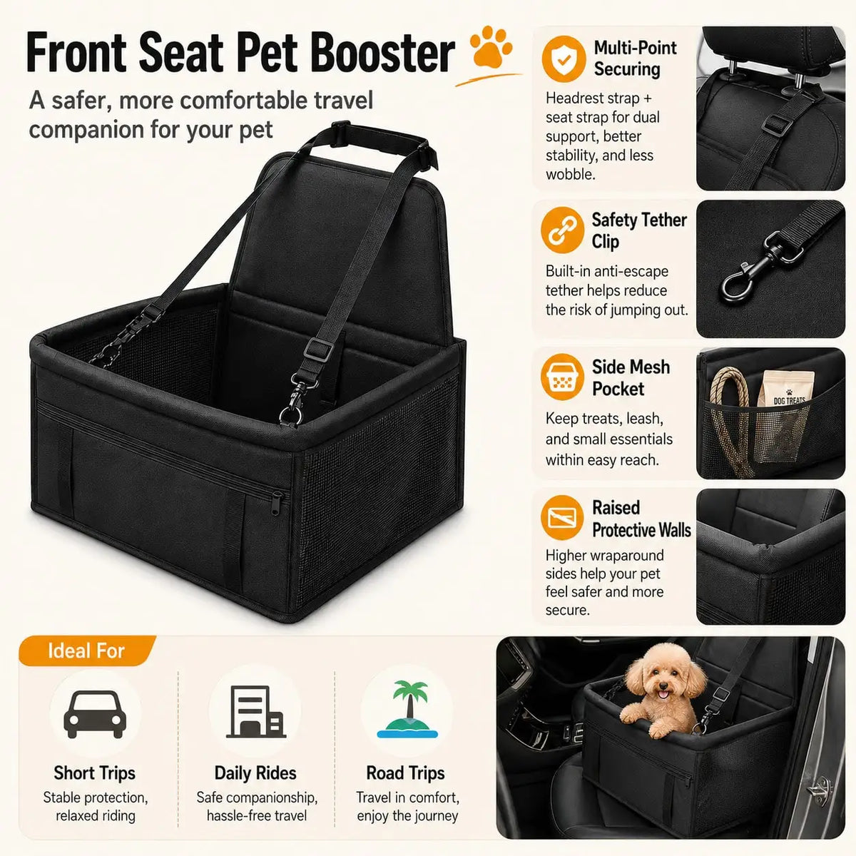 1pc Car Pet Booster Seat, Front Passenger Seat, Essential For Small To Medium Dogs Travel, Breathable Oxford Fabric, Dirt-Resistant, Foldable, Universal Fit, Perfect Car Pet Accessory