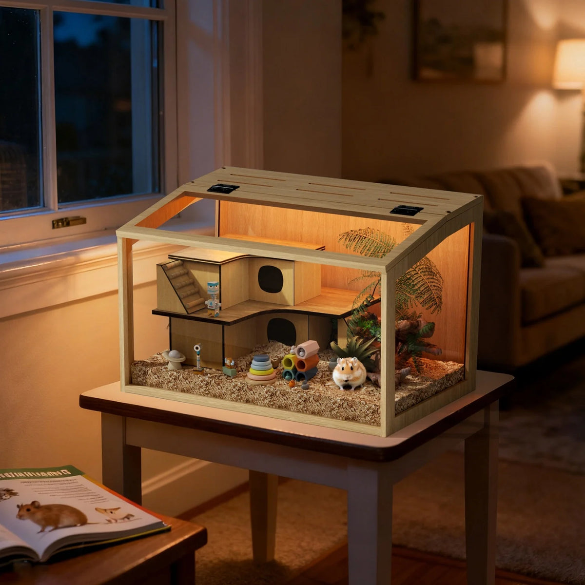 60/80/100/CM Hamster Cage Chewproof Wooden Guinea Pig Cages Habitat House Tempered Glass Panels Built-in LED Light for Small Pets