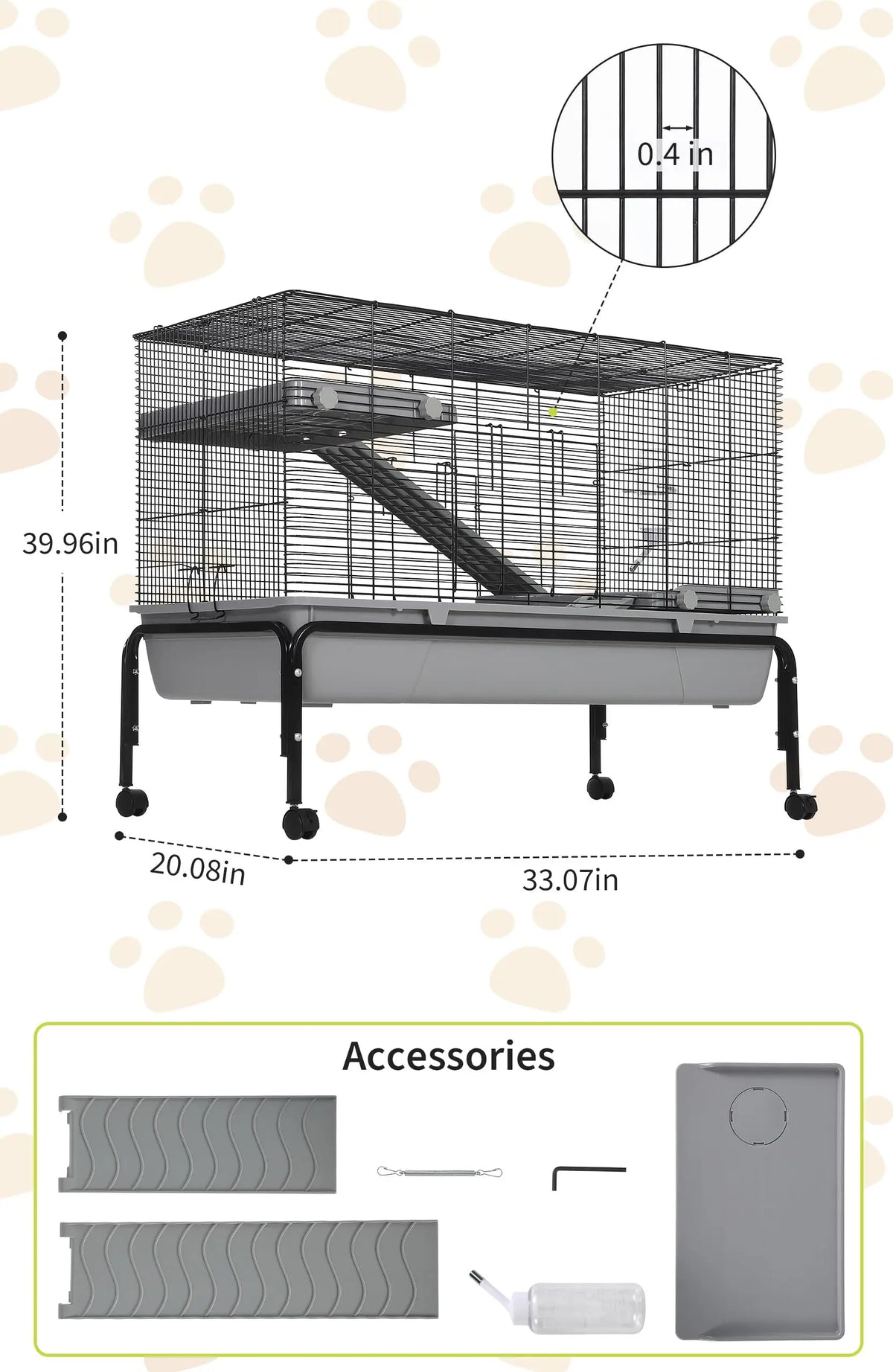 40'' Small Animal Cage With Detachable Stand, Hamster Cage with Ramp & Removable Tray & Water Bottle, Rolling Pet Habitat for Rabbits, Guinea Pigs