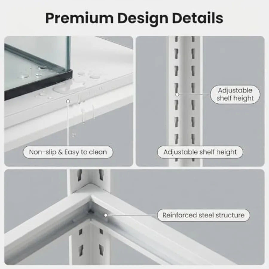 Fish Tank Stand for 20-30 Gallon Aquariums, Heavy Duty Metal Frame, White, Height Adjustable 3-Tier Storage with Reinforced Sup
