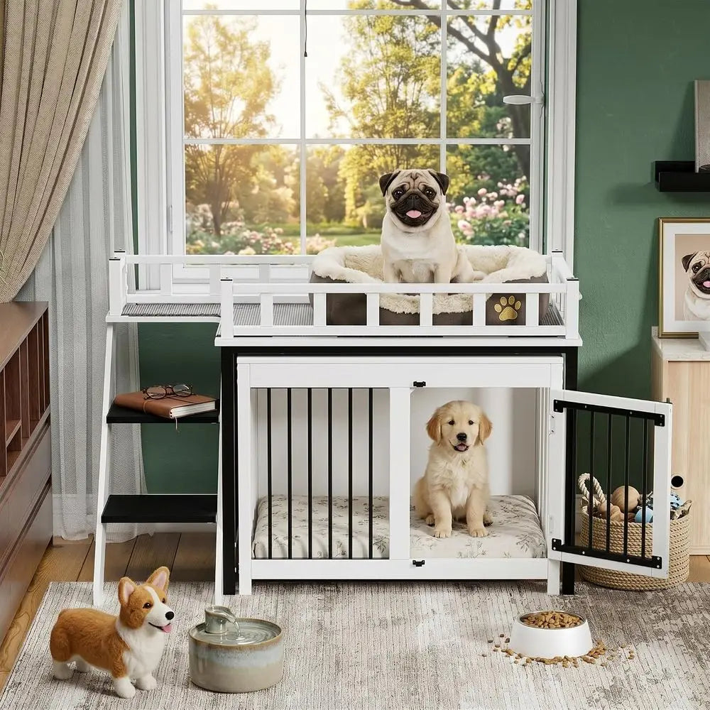 Pet Bunk Bed,Dog Window Perch with Stairs and Storage, Dogs/Cats Crate Furniture, with Multi-purpose Blanket and Indoor Dog Bed