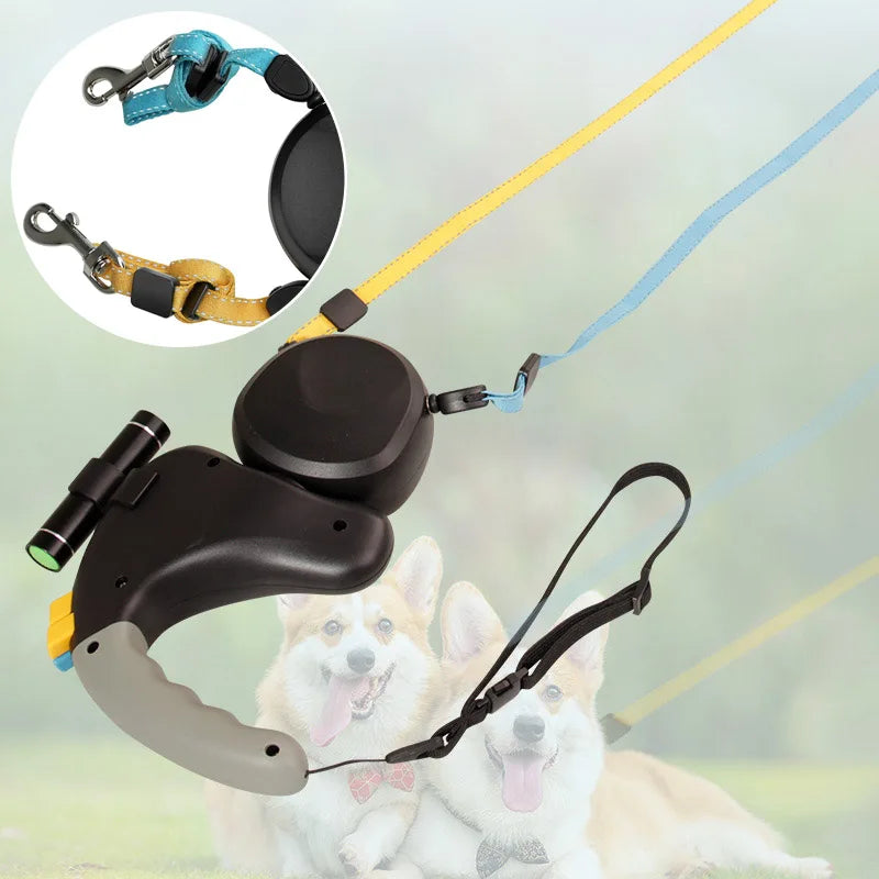 Retractable Dog Leash Lead With Flashlight 360 Swivel No Tangle  Portable rotating pet leash for 2 dogs walking pet supplies
