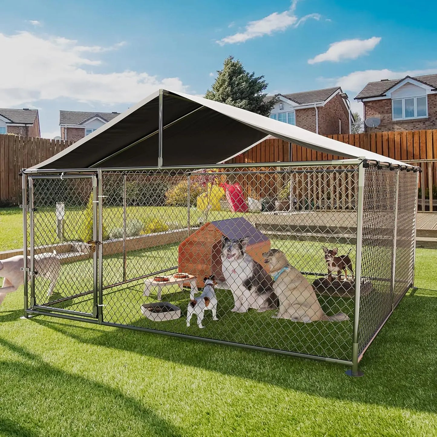 Large Dog Kennel Outdoor with Roof Heavy Duty Dog Enclosure Outside Pet Fence for Yard Dog Boarding Kennel Poultry House Cage Steel Fence with Ground Anchor Secure Lock Farm Training