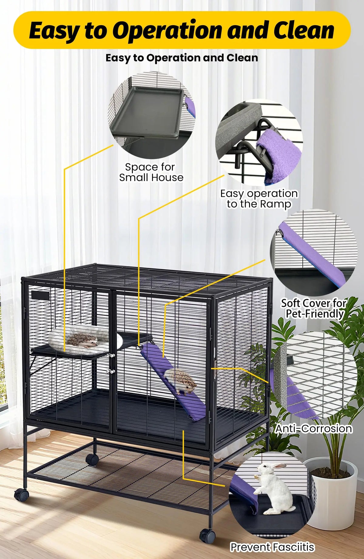 Small Animal Cage, 39” H Large Ferret Cage with Removable Ramp & Tray, Hamster Cage for Chinchilla, Guinea Pig and Rabbit