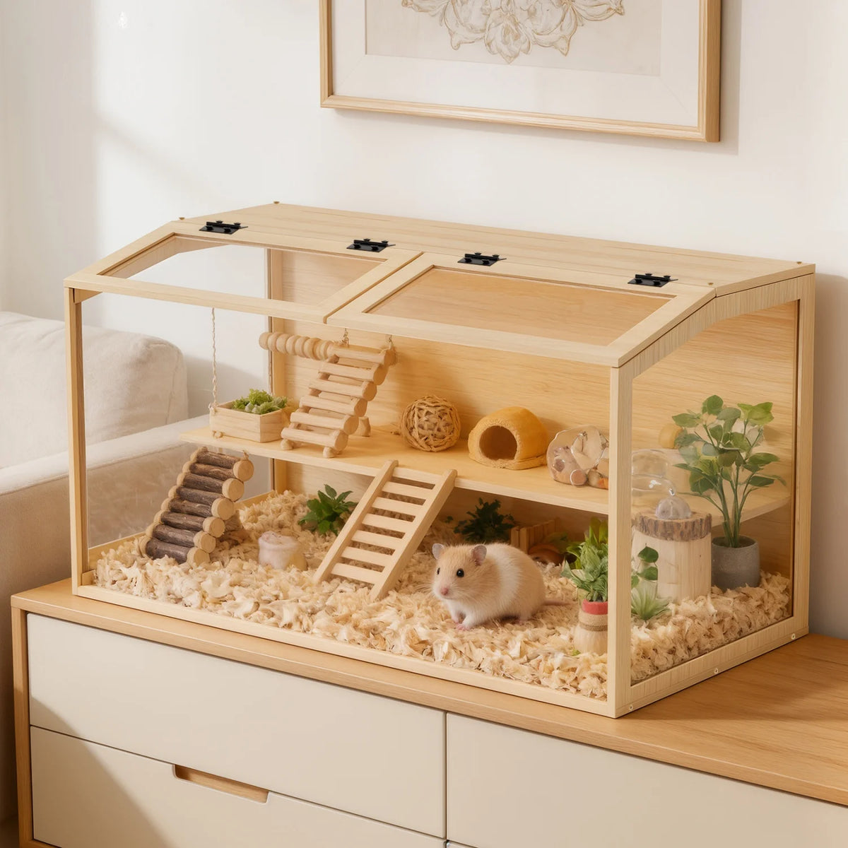 60/80/100/CM Hamster Cage Chewproof Wooden Guinea Pig Cages Habitat House Tempered Glass Panels Built-in LED Light for Small Pets