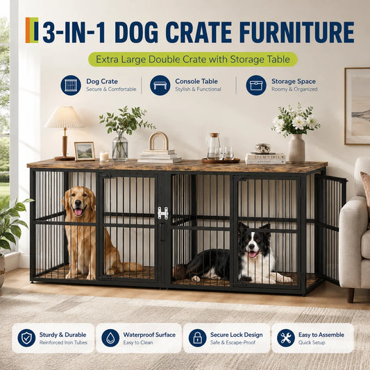87 Inch Extra Large Double Dog Crate Furniture with Divider 3 Doors Heavy Duty Wooden Indoor Dog Kennel Cabinet TV Stand for 2 Dogs Lockable Pet House with Storage Table