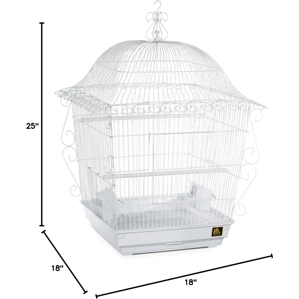 Vintage White Bird Cage with Scrollwork Design, 18x18x25 in, for Parakeets, Budgies, Lovebirds, Cockatiels, Easy Clean Bottom Grille