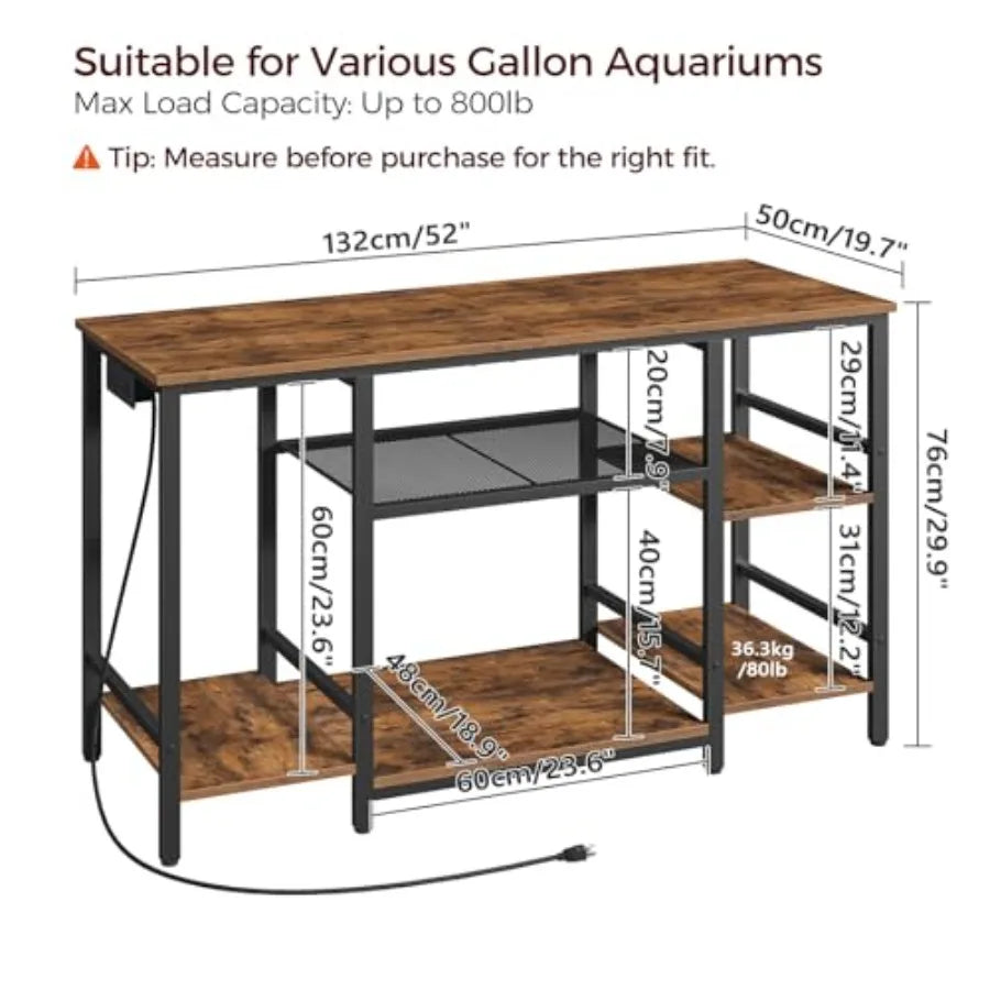 55-75 Gallon Fish Tank Stand with Power Outlet, 3-Tier Metal Frame Aquarium Stand, Heavy Duty Reptile Terrarium Tank Stand, 52.