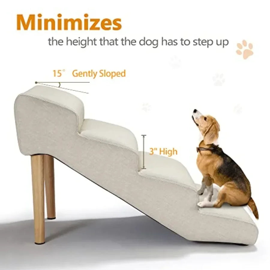 Pet Stairs for Dogs up to 150 lbs, Imitation Linen Faux Leather, Light Beige, Waterproof Scratch Resistant with High-Density Fo