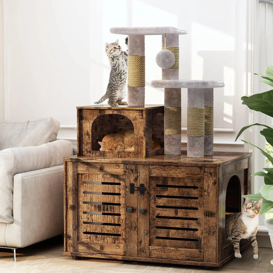 Cat Litter Box Enclosure with Cat Tree Tower 2-in-1 Hidden Pet Washroom Furniture with Scratching Post and Soft, Customized