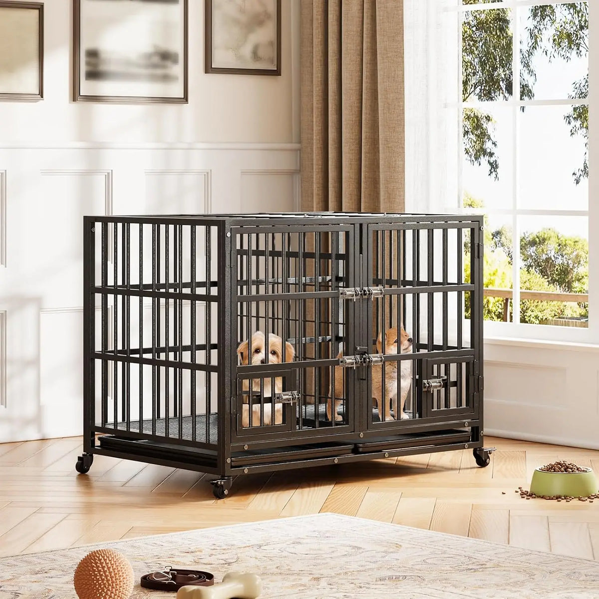 Heavy Duty Metal Dog Crate 42 Inch with Double Door Lock Wheels Removable Tray Divider Panel Large Dog Cage for Indoor Small Medium Dogs