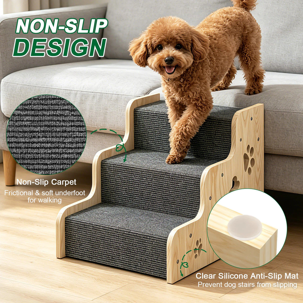 3 Step Wooden Pet Stairs, Large Non-Slip Dog Steps, Scratch-Resistant Carpet & Side Safety Panels,for Small & Large Dogs and Cats, Beds, Couches & Sofas