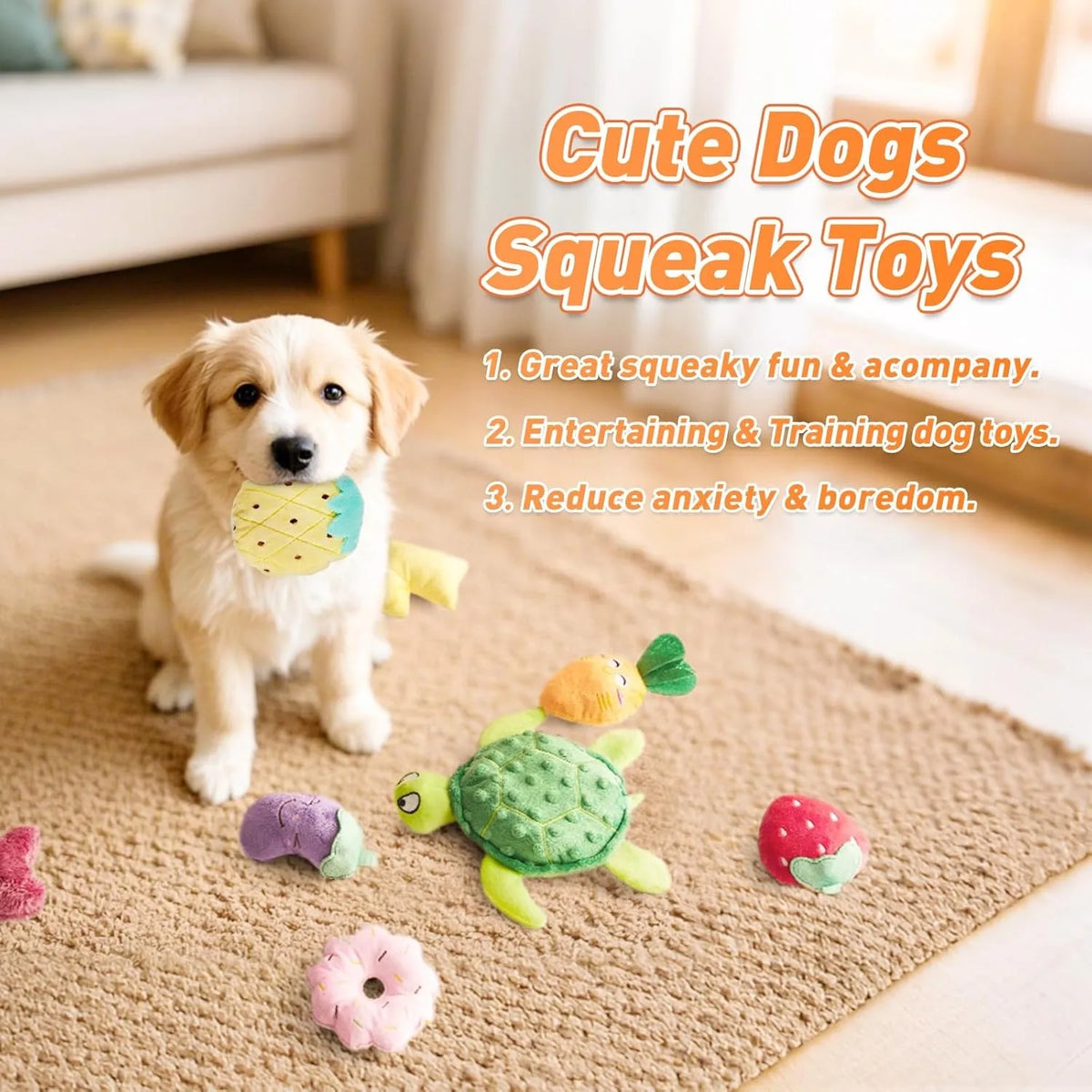20PCS Random Squeaky Dog Toys Cute Interactive Pets Toys Bulk for Small Medium Dogs Soft Plush Fruit Vegetables Animals Set