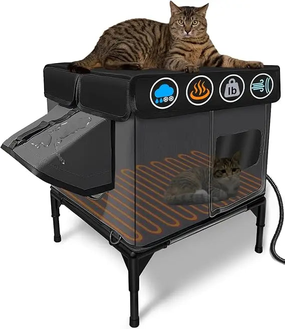 heated cat house for outside insulated in winter,fully waterproof,with adjustable awning,escape door,indoor outdoor cat shelter