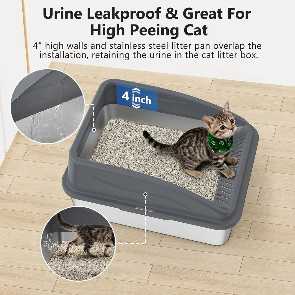 Stainless Steel Litter Box, Anti-Leak Top Entry, Easy Clean, Non-Sticky, with Scoop