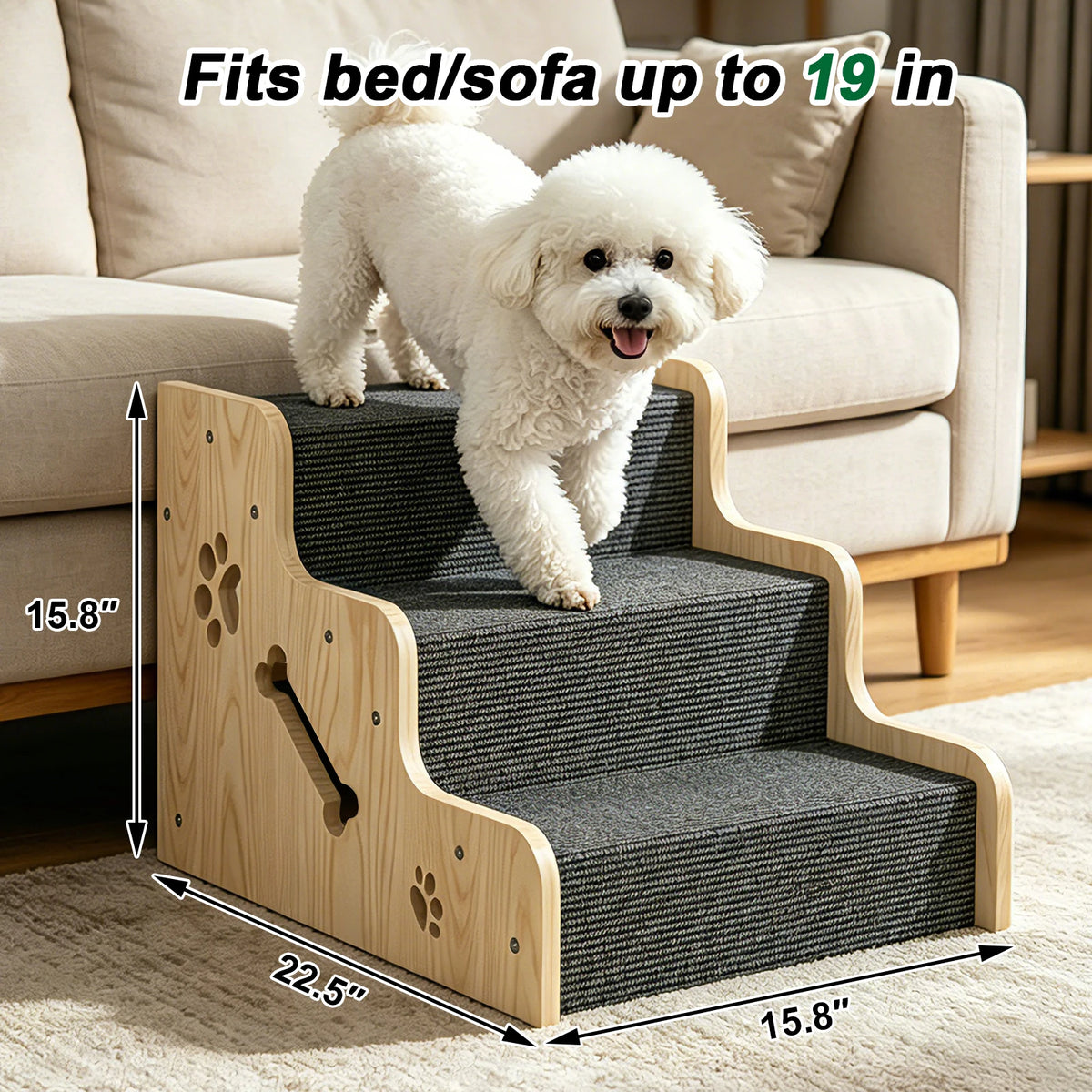 3 Step Wooden Pet Stairs, Large Non-Slip Dog Steps, Scratch-Resistant Carpet & Side Safety Panels,for Small & Large Dogs and Cats, Beds, Couches & Sofas