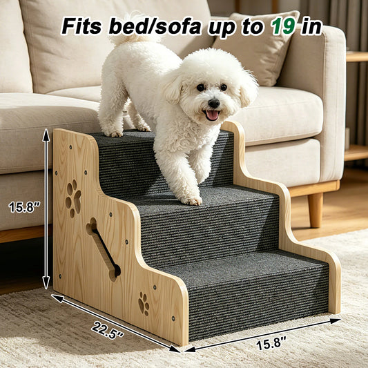 3 Step Wooden Pet Stairs, Large Non-Slip Dog Steps, Scratch-Resistant Carpet & Side Safety Panels,for Small & Large Dogs and Cats, Beds, Couches & Sofas