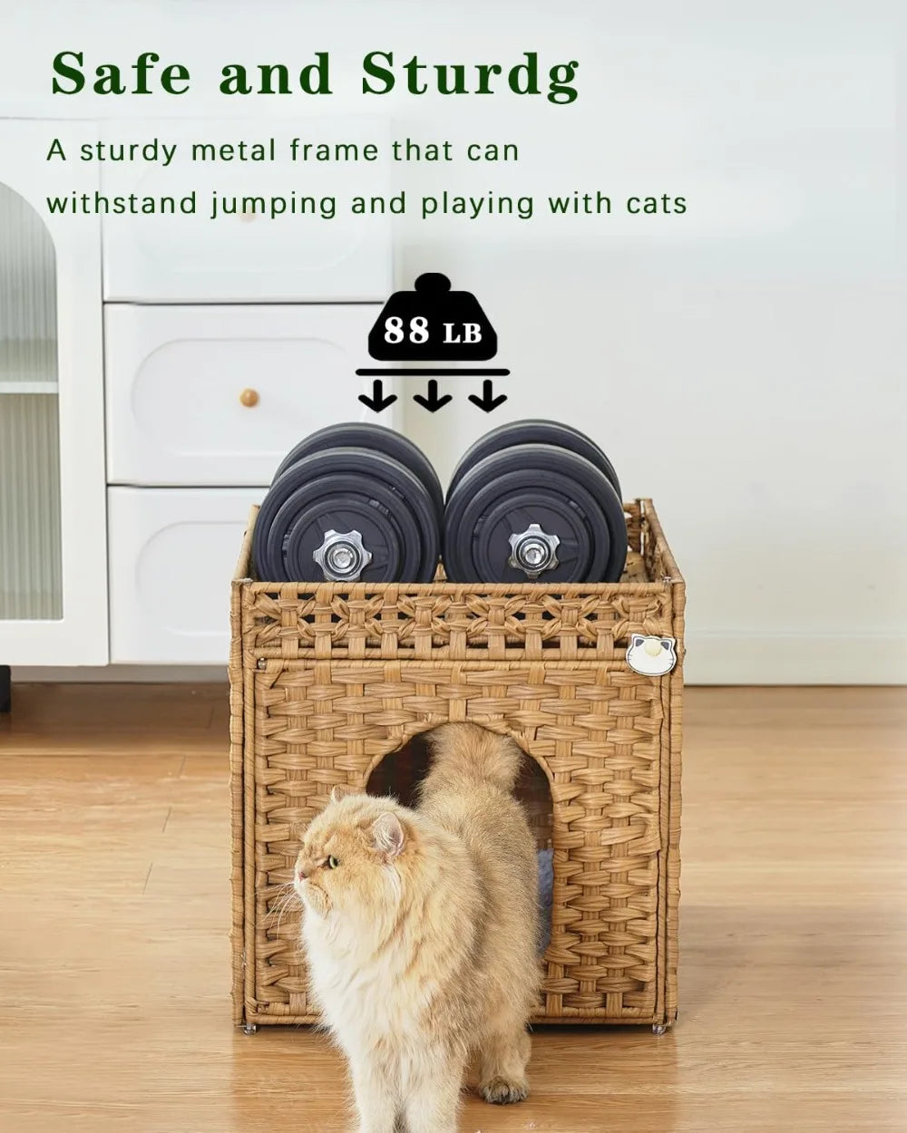 Double Cat Cave Bed for Indoor Cats, Handwoven Rattan Hideaway with Soft Cushions, Foldable, 18.5x20.5x19.1 inches, Natural