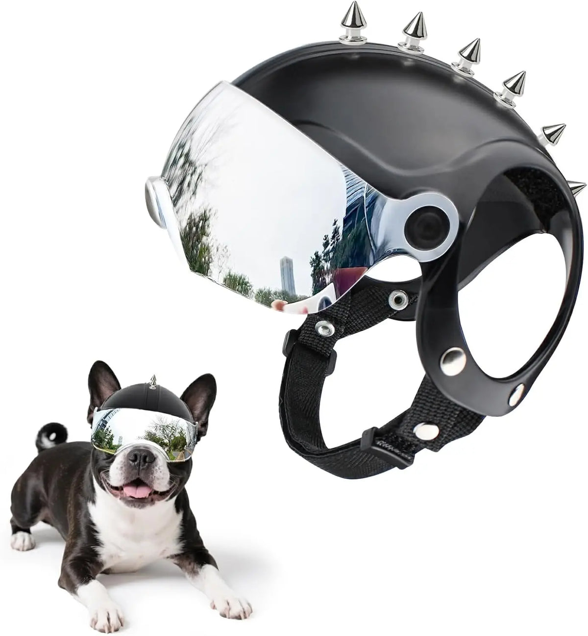 Dog Helmet for Small Breed Cool Pet Motorcycle Helmet with Drop-Down Silver Visor (Without Rivets and Rivets)