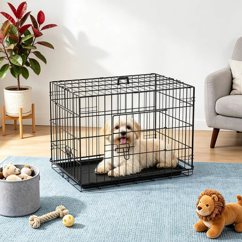 24-Inch Dog Crate for Small Dogs, Double Door Folding Metal Wire Kennel with Divider & Leak-Proof Tray, Black