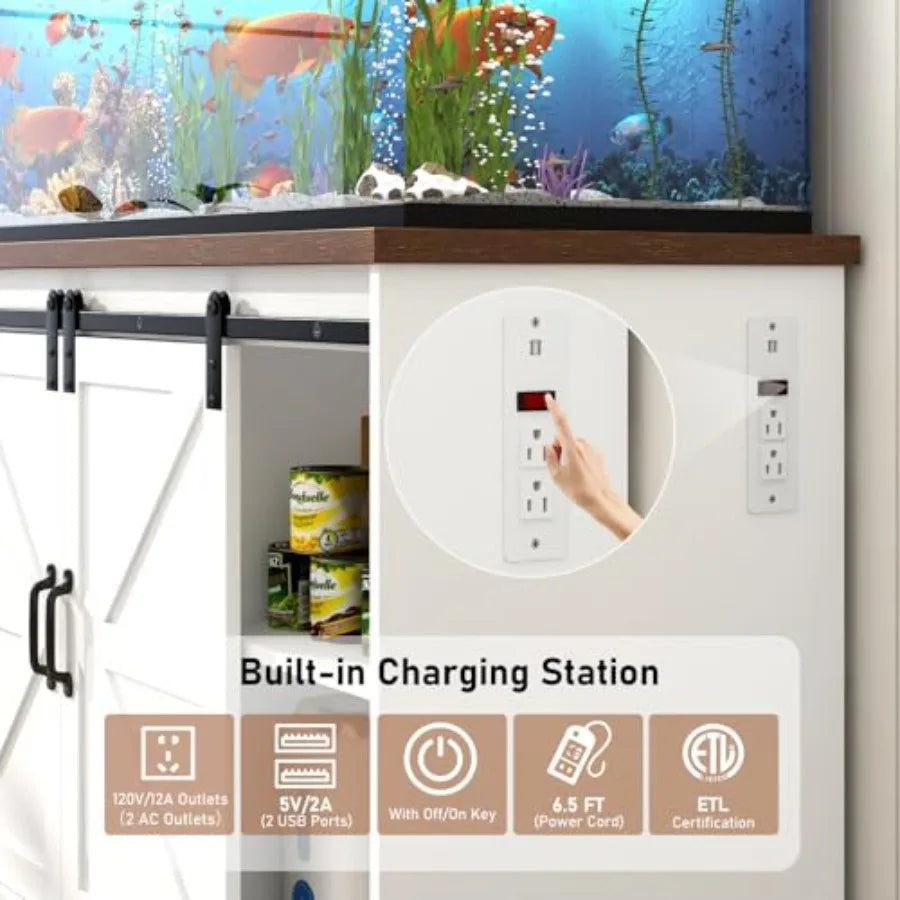 Farmhouse Fish Tank Stand with Power Outlet, Aquarium Stand w/CabinetandSliding Barn Door, Heavy Duty Reptile Tank Stand for Fi