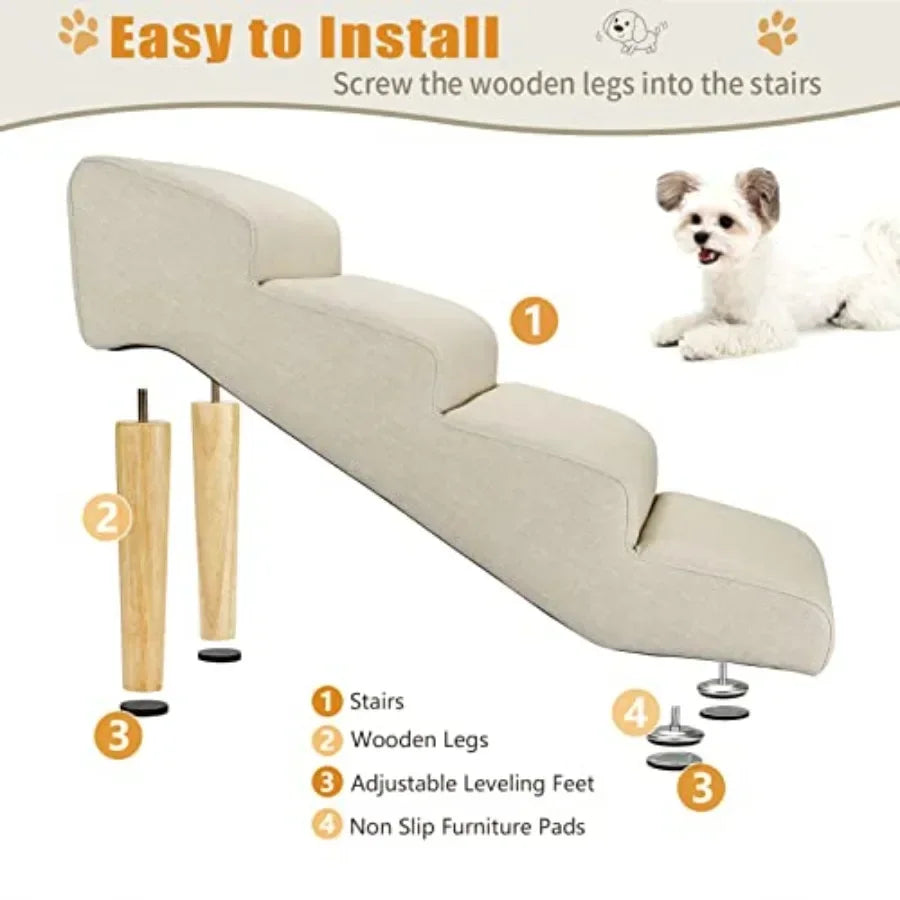 Pet Stairs for Dogs up to 150 lbs, Imitation Linen Faux Leather, Light Beige, Waterproof Scratch Resistant with High-Density Fo