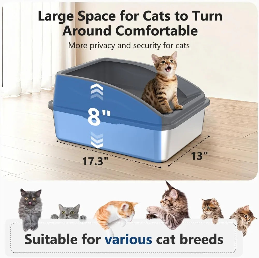 Stainless Steel Litter Box, Anti-Leak Top Entry, Easy Clean, Non-Sticky, with Scoop