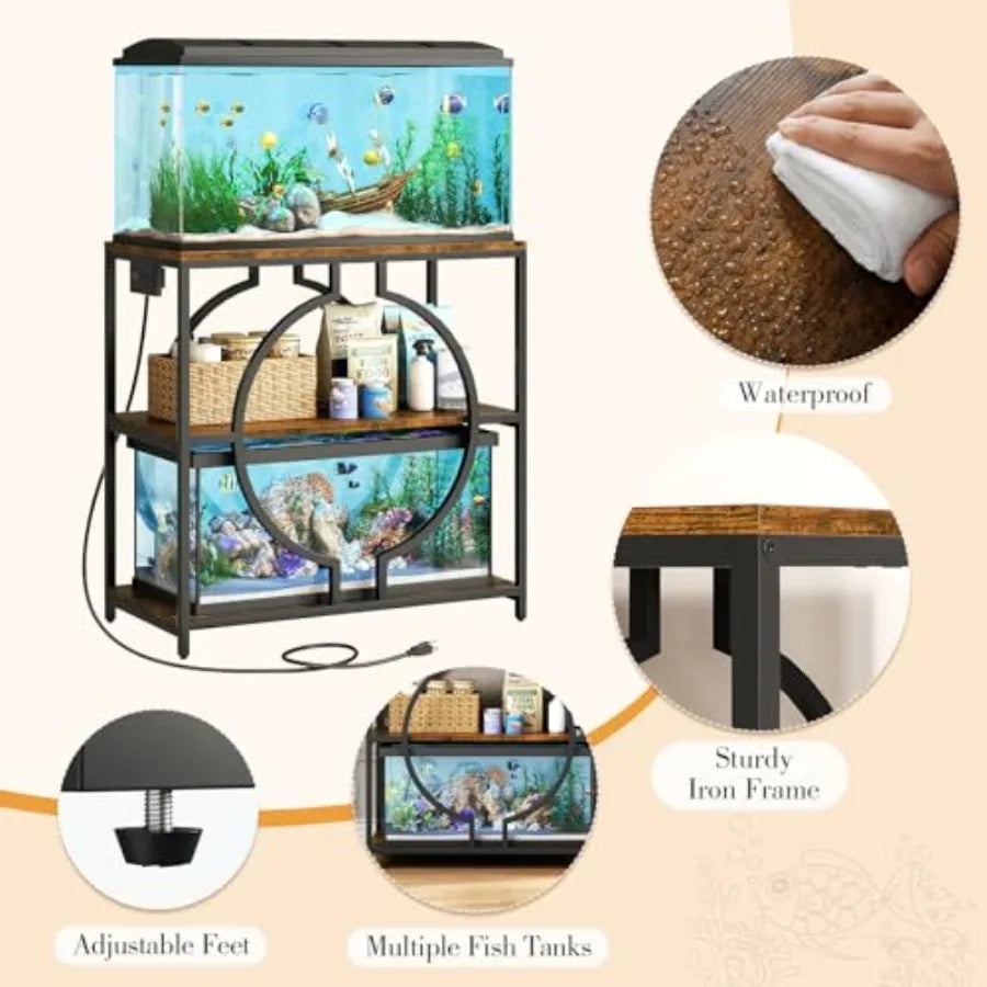 20-29 Gallon Aquarium Stand with Power Outlet, 3 Tier Heavy Duty Metal Fish Tank Stand with Storage Shelf, Fish Tank Table for