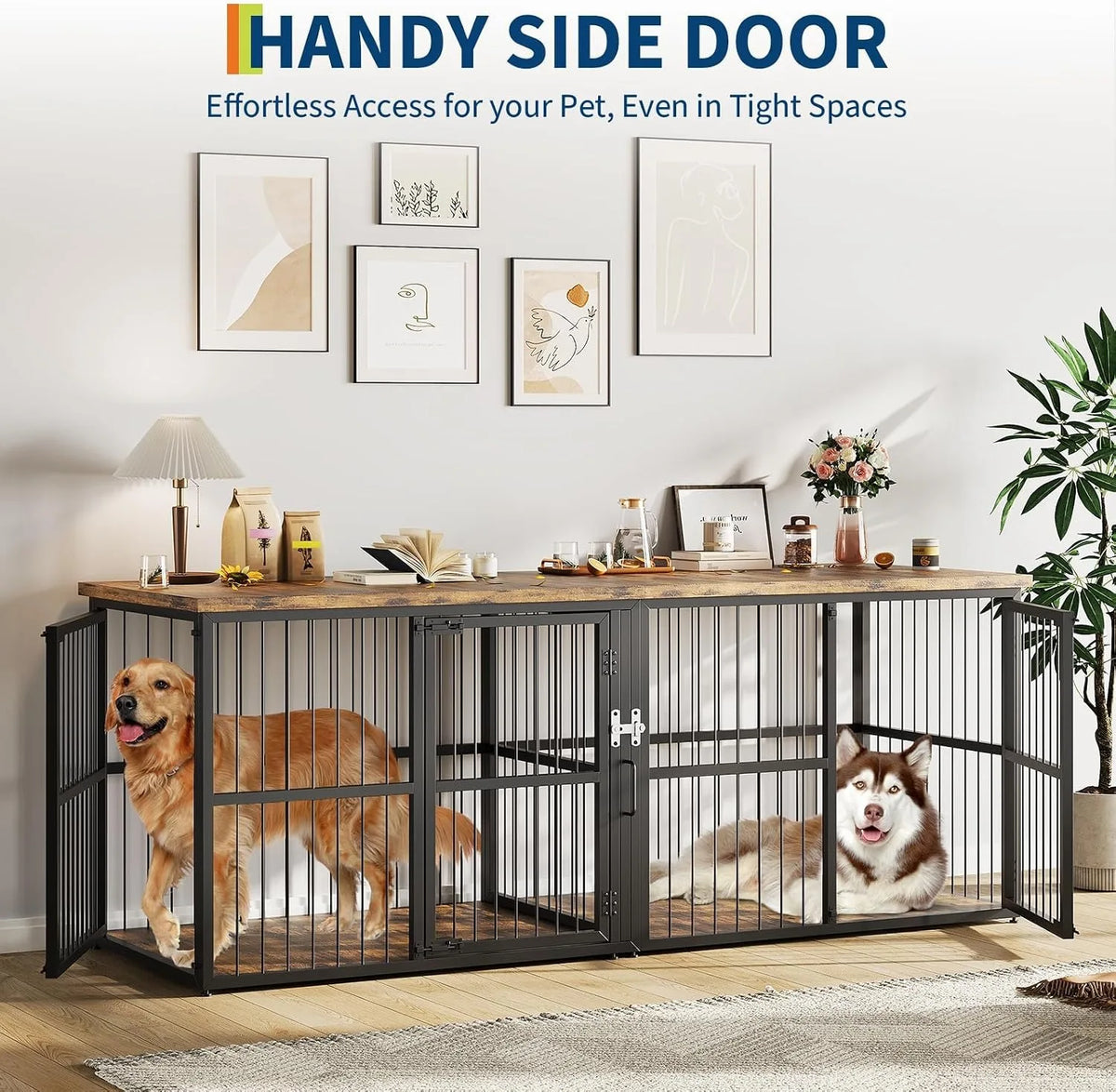 87 Inch Extra Large Double Dog Crate Furniture with Divider 3 Doors Heavy Duty Wooden Indoor Dog Kennel Cabinet TV Stand for 2 Dogs Lockable Pet House with Storage Table