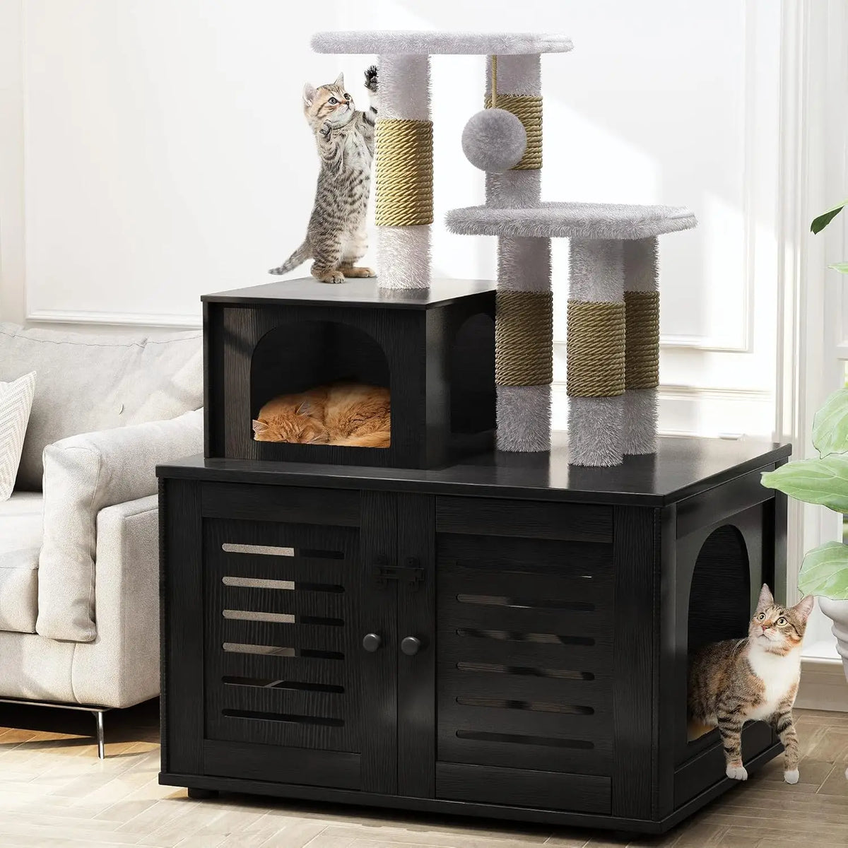 Cat Litter Box Enclosure with Cat Tree Tower 2-in-1 Hidden Pet Washroom Furniture with Scratching Post and Soft, Customized