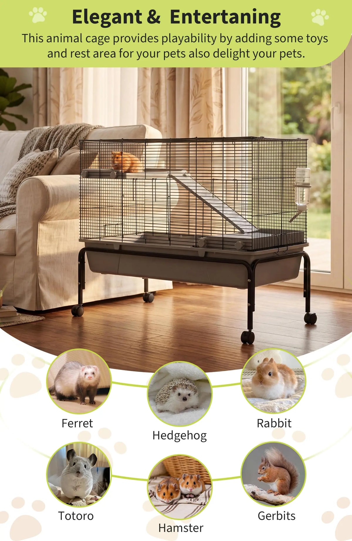 40'' Small Animal Cage With Detachable Stand, Hamster Cage with Ramp & Removable Tray & Water Bottle, Rolling Pet Habitat for Rabbits, Guinea Pigs