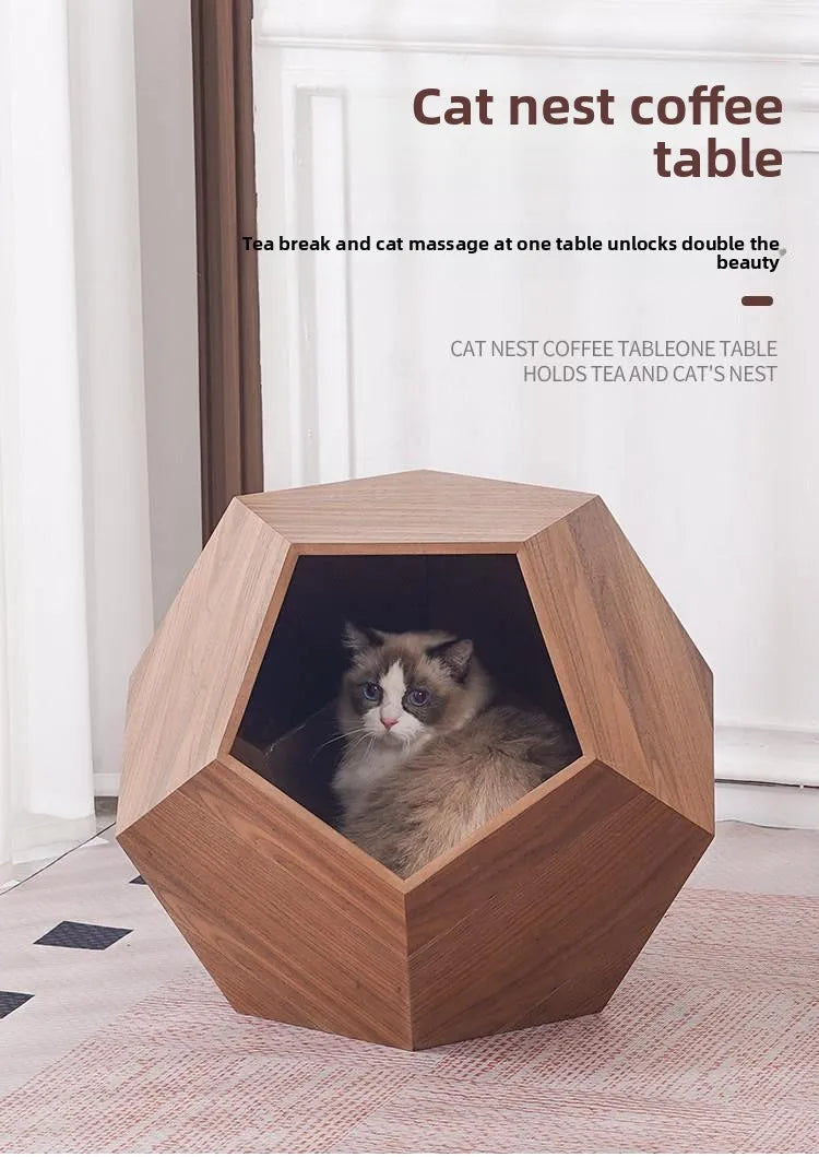Solid Wood Pet Nest Cat Bed Dog House Side Table Nightstand Coffee Table 2-in-1 Furniture for Small Medium Cats Dogs