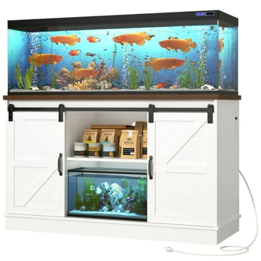 Farmhouse Fish Tank Stand with Power Outlet, Aquarium Stand w/CabinetandSliding Barn Door, Heavy Duty Reptile Tank Stand for Fi