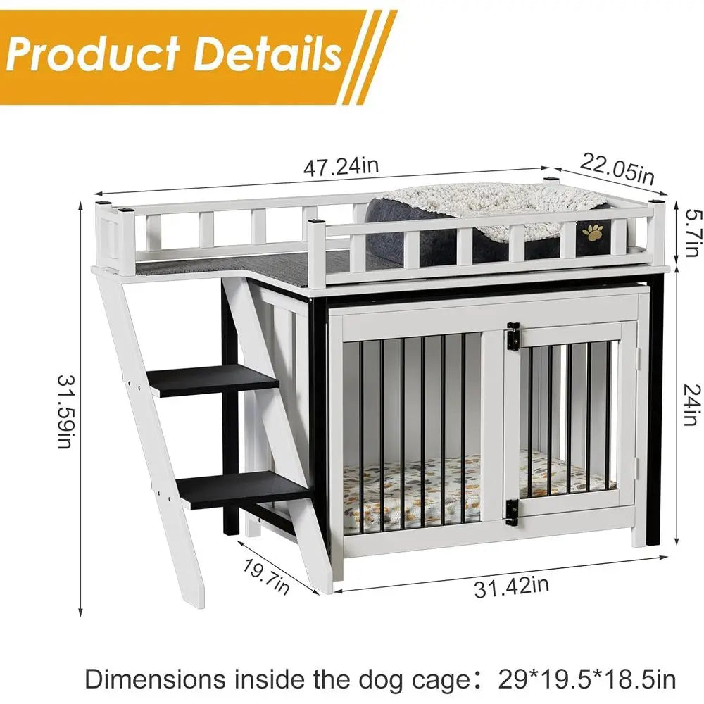 Pet Bunk Bed,Dog Window Perch with Stairs and Storage, Dogs/Cats Crate Furniture, with Multi-purpose Blanket and Indoor Dog Bed